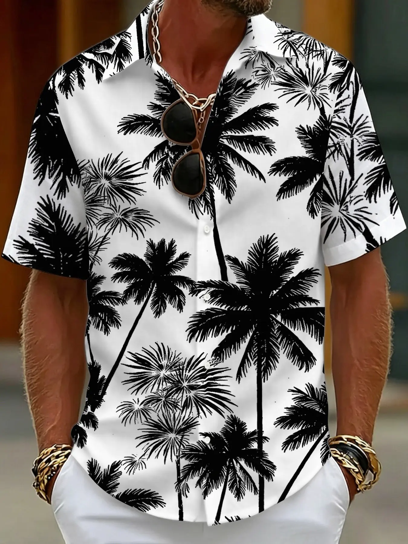 Men's Hawaiian Tropical Vacation Casual Collared Short Sleeve Printed Button Up Shirt with White Background and Black Coconut Tree Silhouette Print