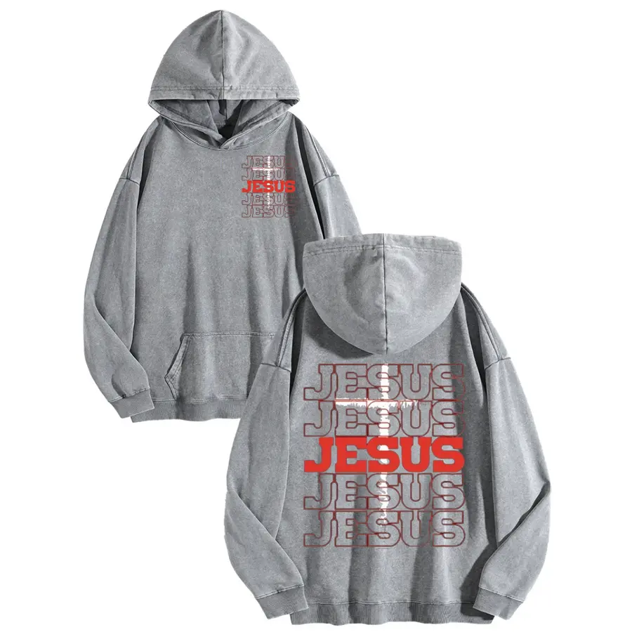 Women's Wayii Vintage Washed Gray Oversized Hoodie - JESUS Stacked Letter Cross Double-Sided Print Pullover Sweatshirt, Aesthetic Polyester Casual Retro Christian Faith Streetwear (Jeans & Leggings Pairing Compatible), Jackets, Loungewear