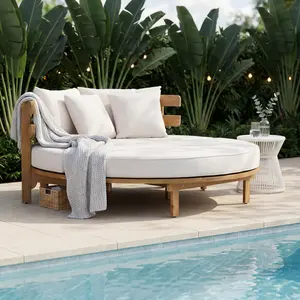 Patio Lounger Outdoor Acacia Wood Round Daybed with Curved Slatted Backrest, Cushion and 4 Pillows for Backyard, Poolside, Beige