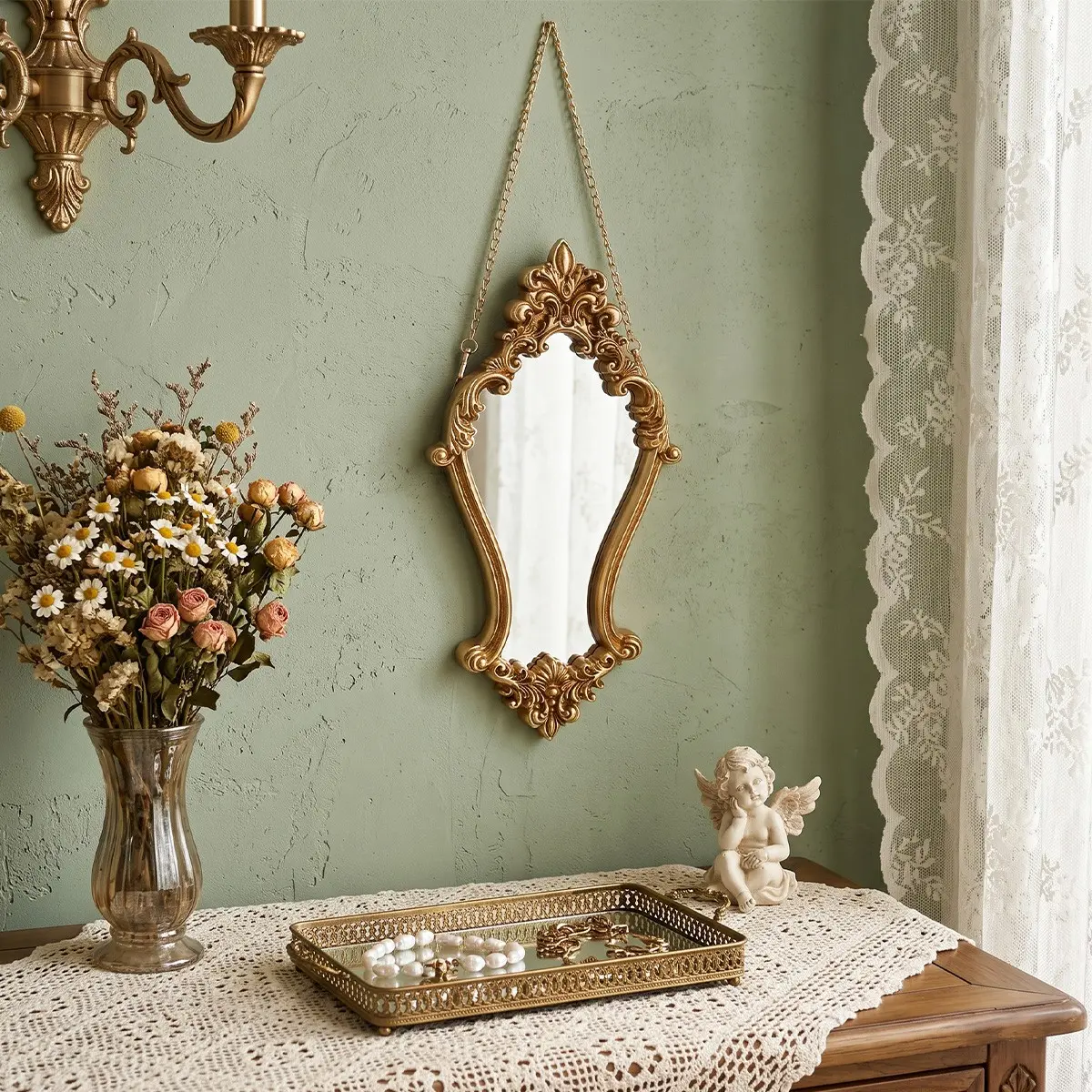 European Vintage Resin Wall-Mounted Mirror, Decorative Hanging Makeup Mirror for Bathroom and Vanity, Mirrors for Wall Decor Living Room, Home Art Decor Gift