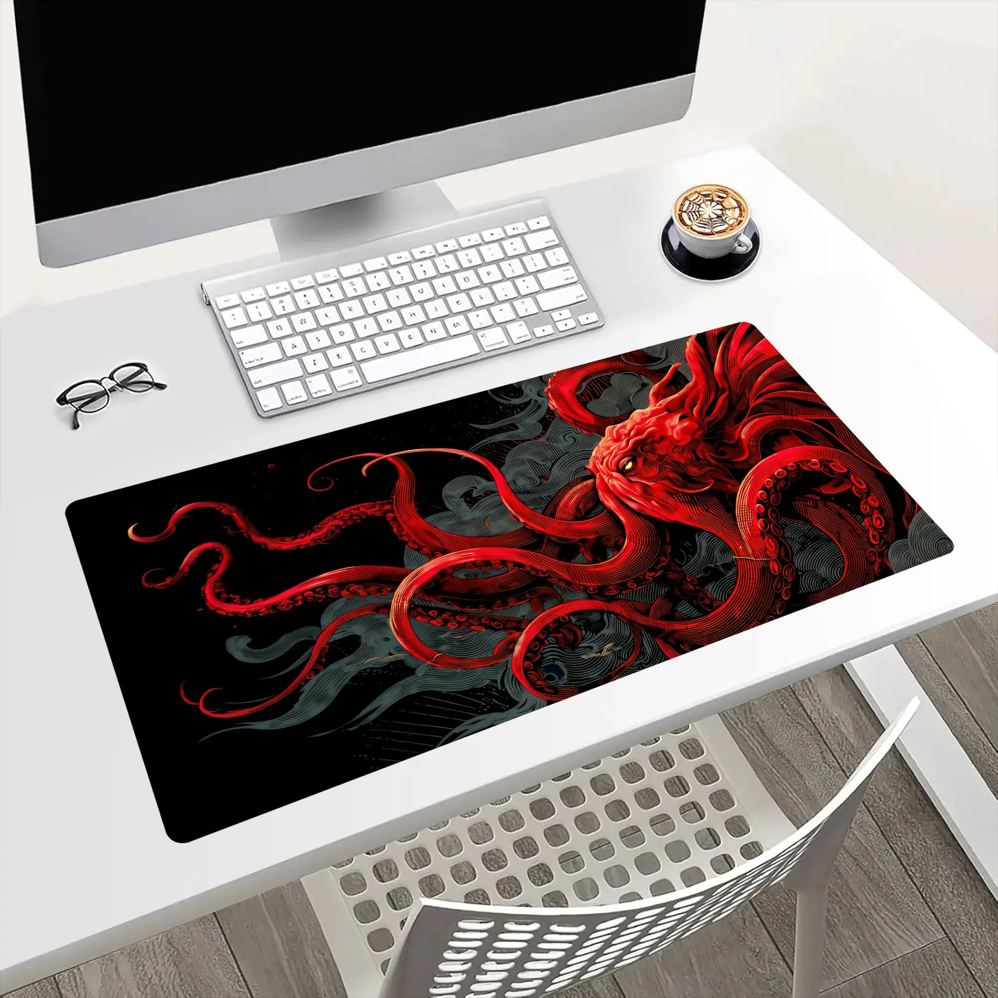 A Large Gaming Mouse Pad Featuring a Dark-Themed Artistic Design of a Red Octopus Tentacle, with a Non-Slip, Washable Rubber Base. This Oversized Desk Mat Is Perfect for Office Additions, Computer Decorations, And Desktop Embellishments