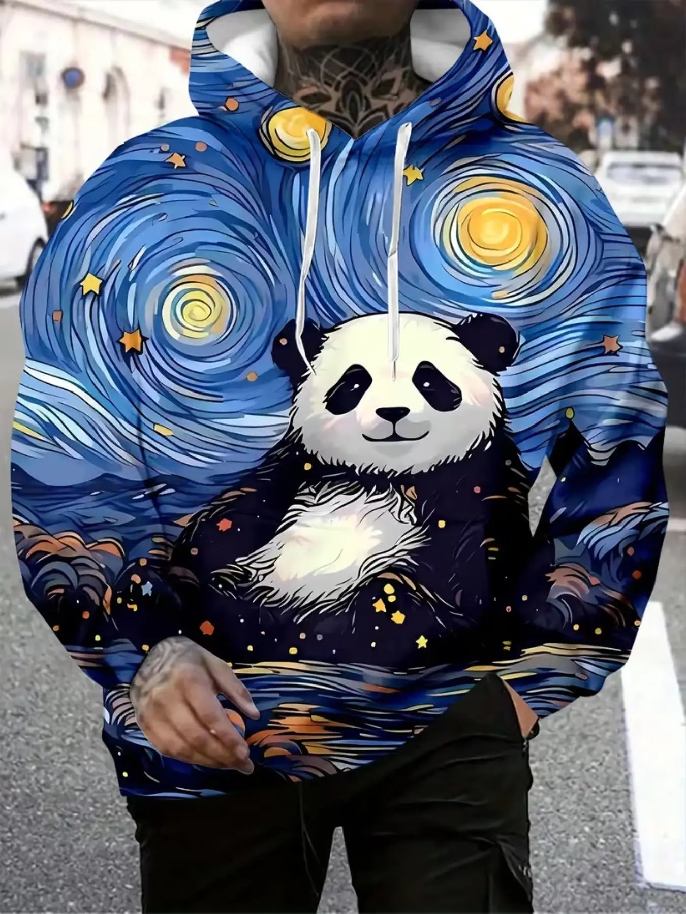 Adorable Panda Digital Print Hoodie, Artistic Long Sleeve Pullover, Loose Fit Couples' Top, Casual H-Type Design, All-Season Wear