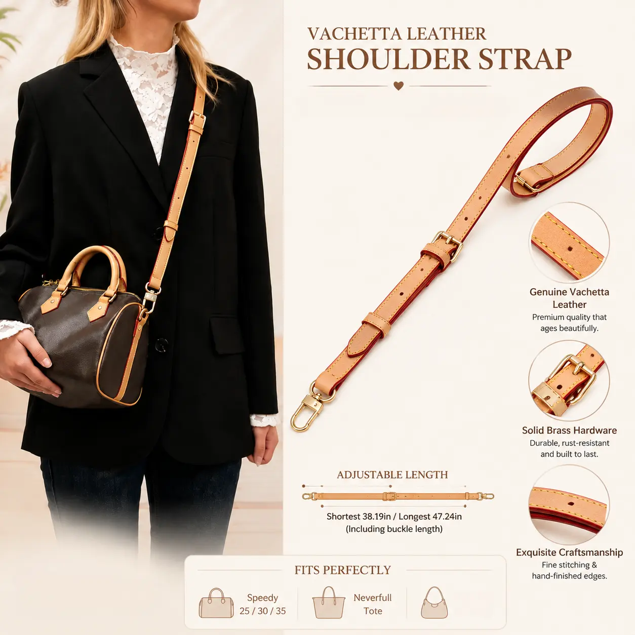 ORVELIA ATELIER Genuine Vachetta Leather Conversion Strap for Speedy 20/25/30 – Adjustable Shoulder Strap for Crossbody Handbag Upgrade