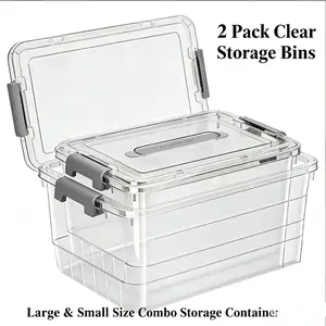 2pcs size combination covered translucent storage box large and medium with practical suit portable stackable dust-proof storage box suitable for books, toys and clothes home sorting.