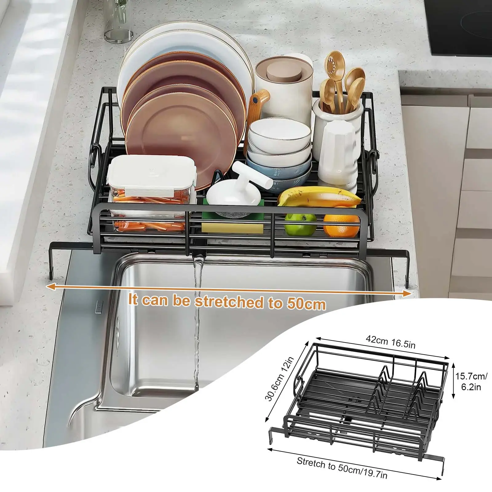 Large capacity and double level design - Durable carbon steel expandable dishwasher for kitchen - With drain tray and door covered - Suitable for countertops, sinks, apartments and small kitchens