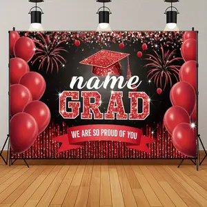 Custom Name Graduation Backdrop Personalized Party Backdrop Fireworks Balloon Background Cloth Grad Tapestry Wall Hanging Photography Background Polyester Fiber Ceremony Party Event Photo Booth Decor Studio Prop Celebration Wall