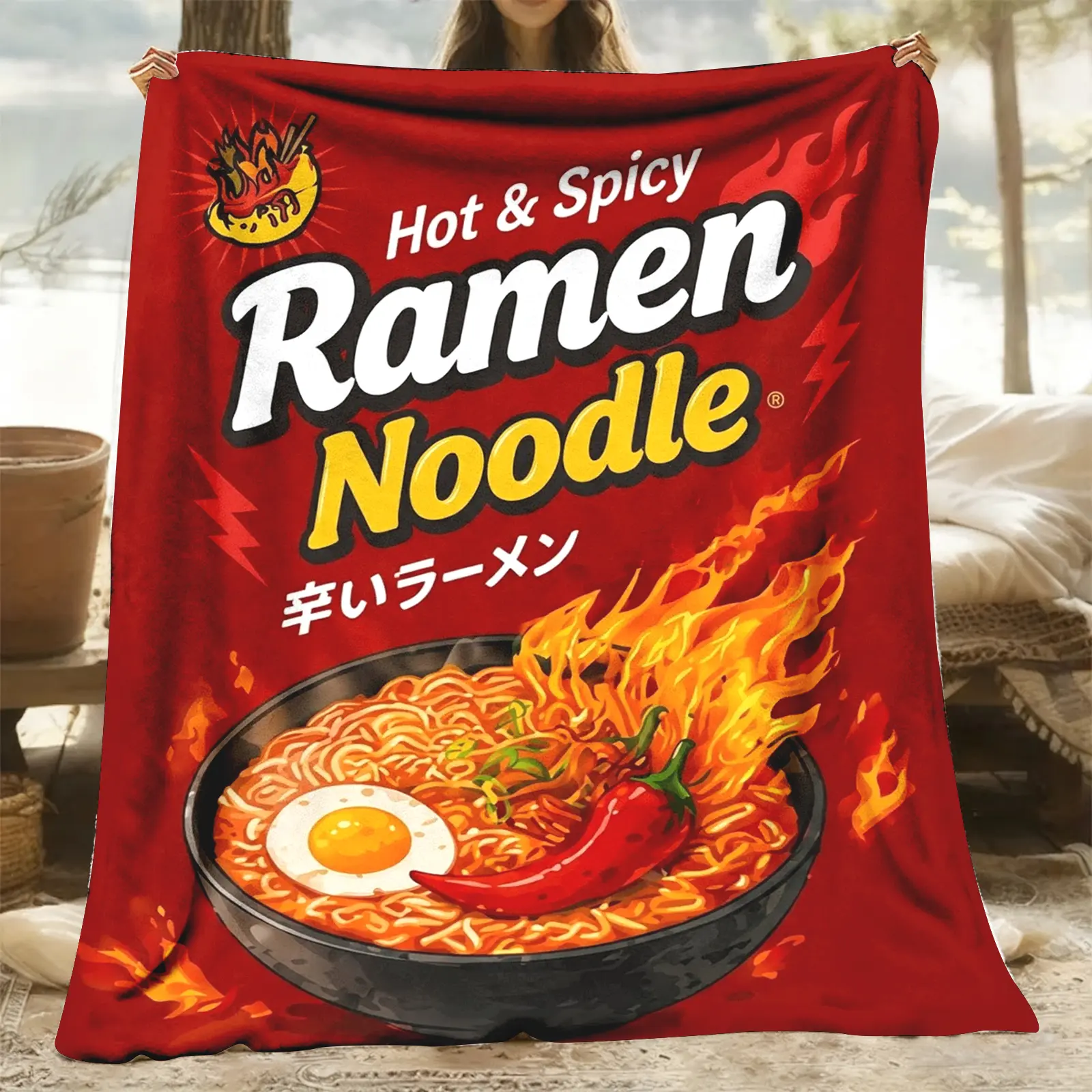Hot & Spicy Ramen Noodle Throw Blanket, Vintage Food Flannel Blanket, Soft Cozy Warm Throw, Japanese Fire Design, Gift for Him Her Lover, Trendy Dorm Couch Bedroom Decor ultra-soft comfortable plush throw