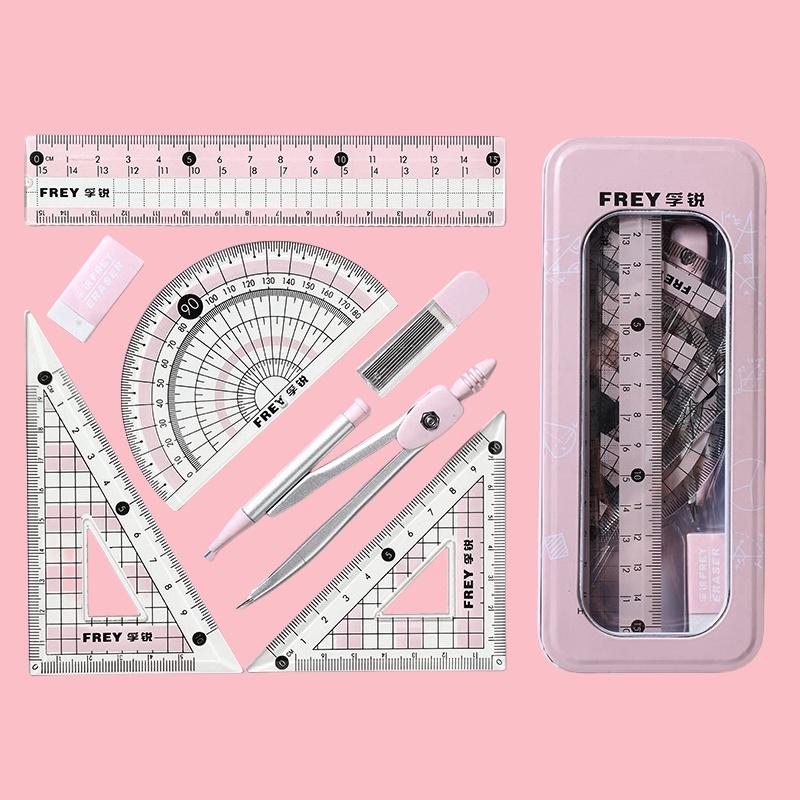 Ruler Set with Storage Box, Measuring Ruler, 7 Counts/set Including Compass & Ruler & Protractor & Eraser & Refill, Stationery Supplies for School Students Dormitory Home Office