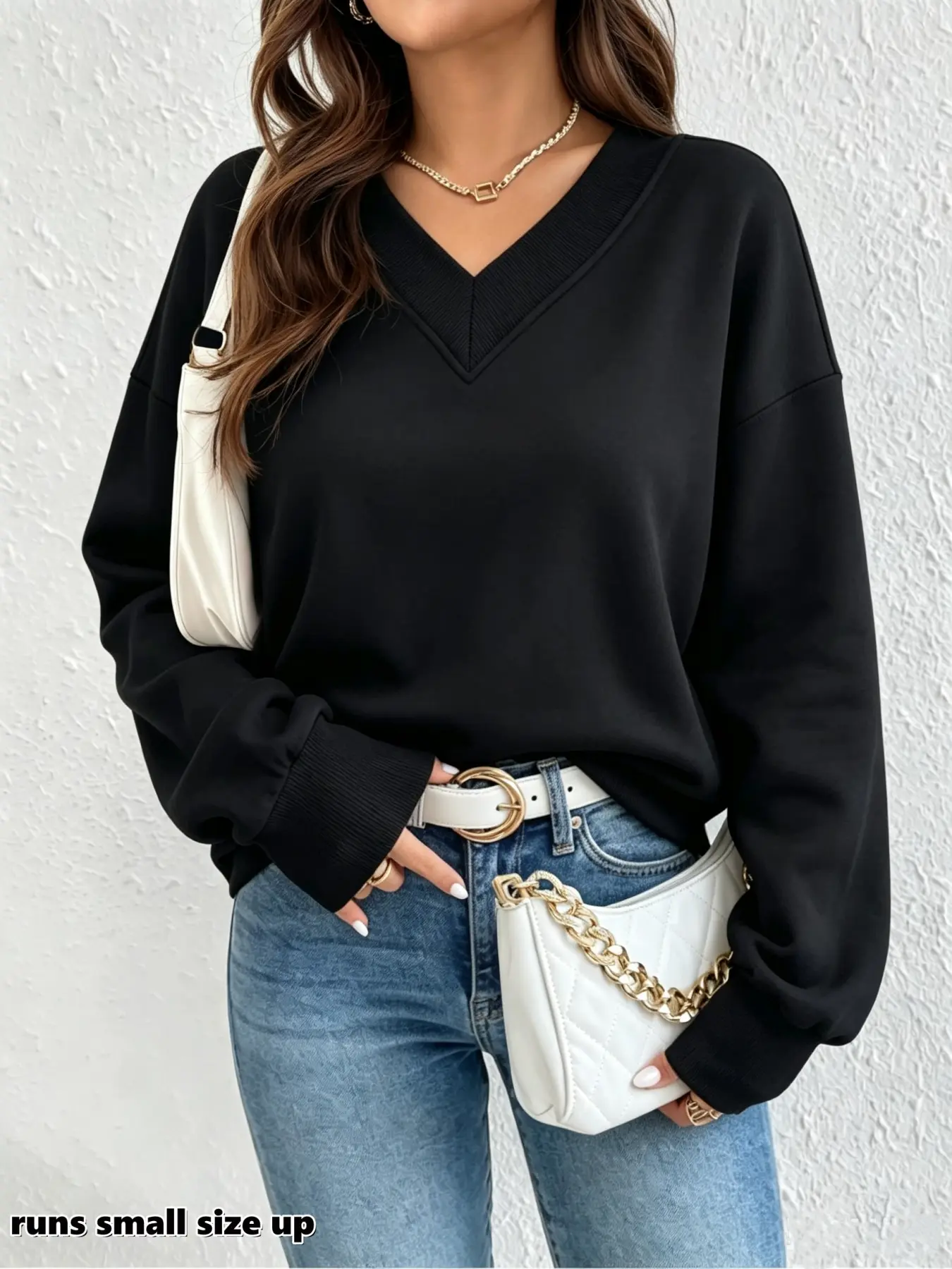 Women's V-Neck Long Sleeve Patchwork Sweatshirt, Soft Comfortable Fall Winter Loose Fit Drop Shoulder Casual Top, Versatile Long Sleeve Upper