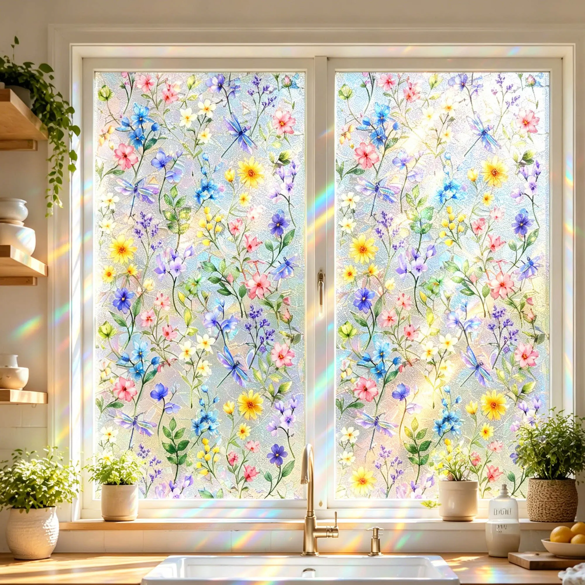 45x100cm Floral Stained Glass Window Film, Rainbow Privacy Film, Static Cling No Glue, Light Blocking & UV Protection, Home Decor