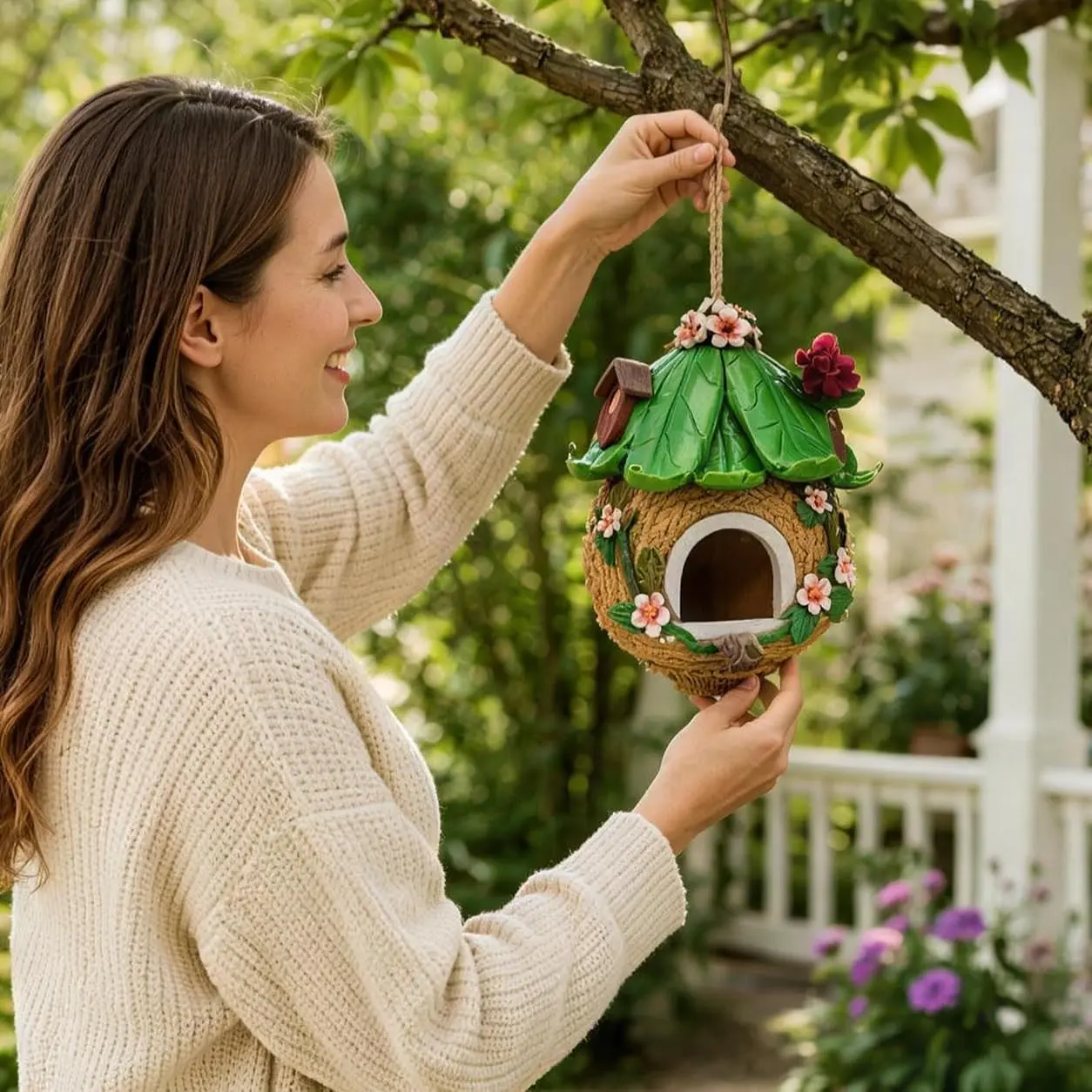 Hanging resin craft birdhouse ornament, realistic bird nest-shaped garden hanging piece, outdoor landscaping decoration for courtyards and terraces, home wall soft decoration item