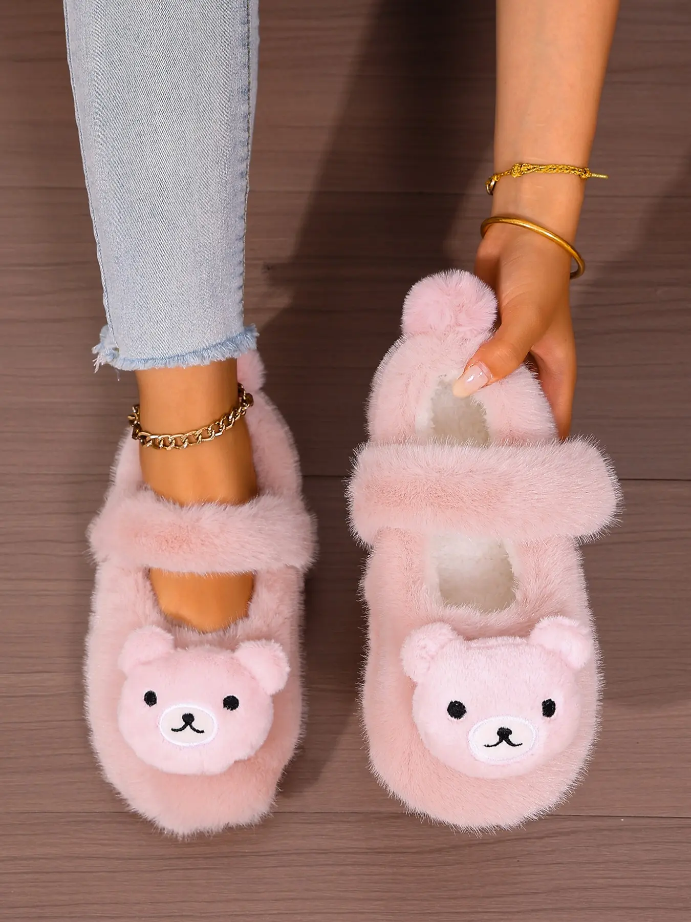 Women's Cute Bear Plush Slip-On Cotton Shoes, Fall & Winter Non-Slip Soft Sole, Warm Lined Indoor Outdoor Mary Jane Slippers Non Slip Bottom Fluffy House Slippers