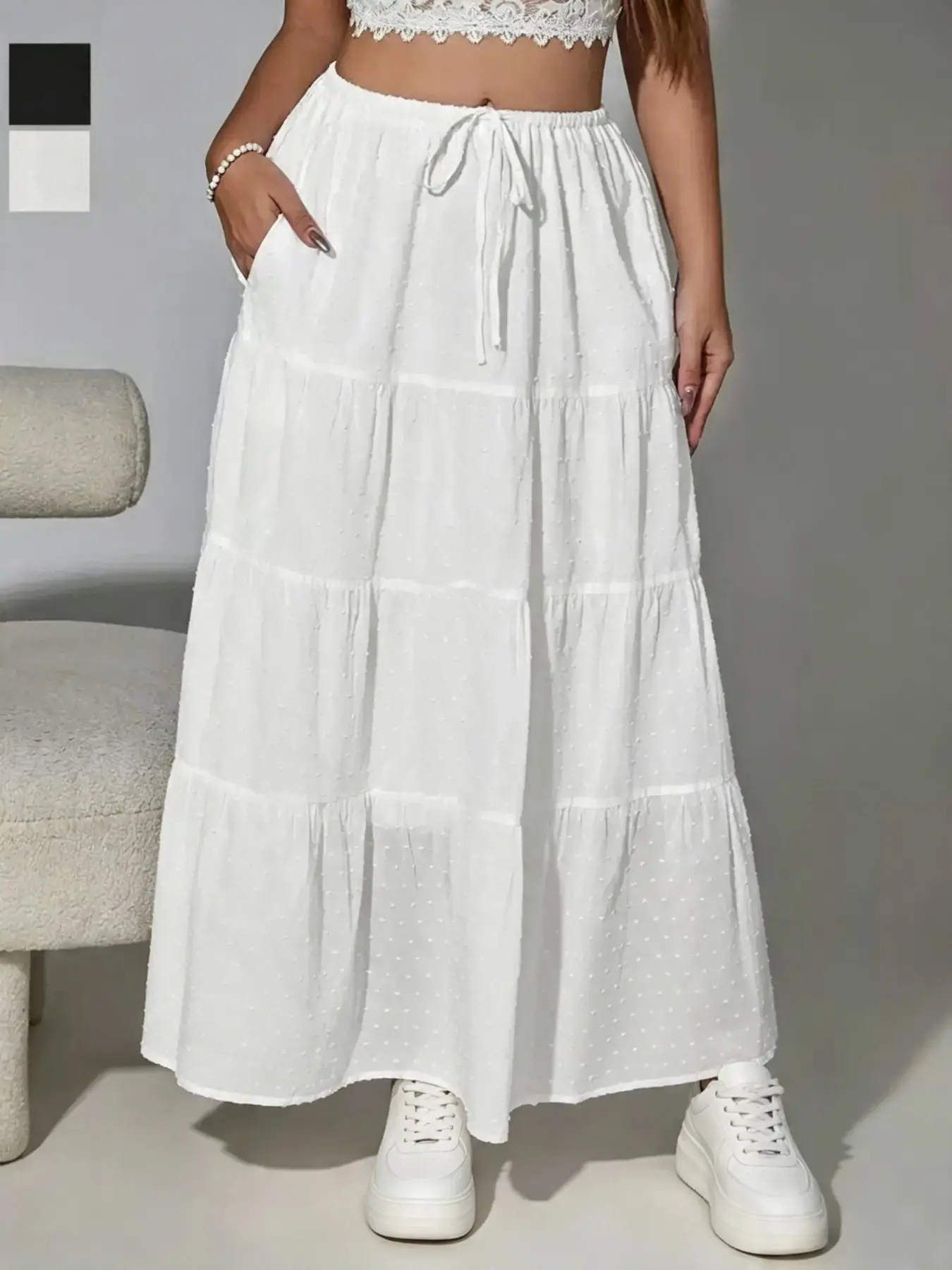Women's Casual Long Skirt with Drawstring Waist, Loose-Fitting A-Type Design, Plain Surface, All Seasons Wear, Comfortable Daily