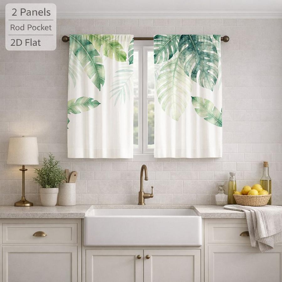 2Pcs Botanical Tropical Plant Leaf Pattern Sun Blocking Curtains Digital Printed Rod Pocket, Window Treatment For Bedroom Office Kitchen Living Room Study Home Decor