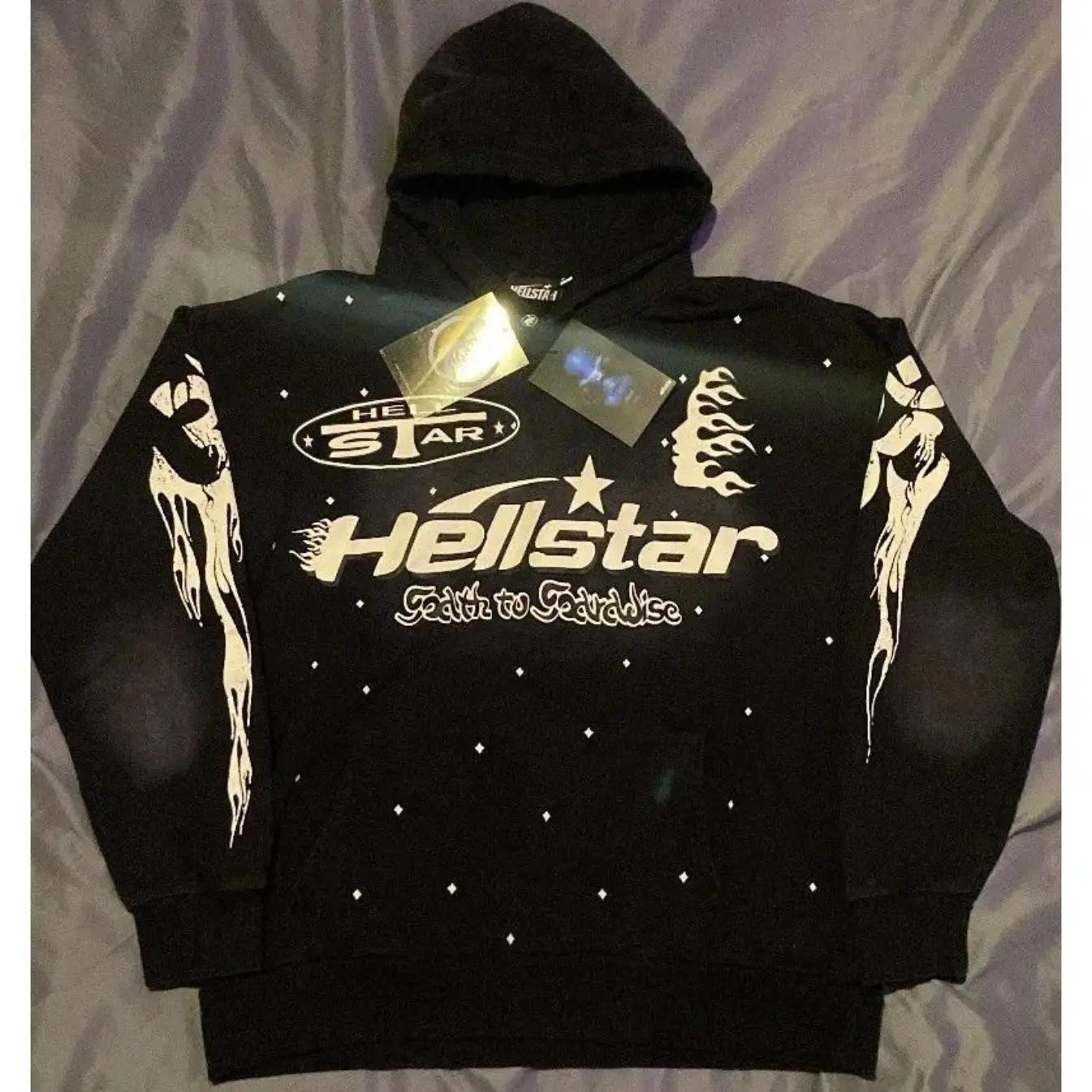 Men's Hellstar Faith To Stardust Graphic Hoodie, Black Oversized Pullover Sweatshirt, Casual Streetwear Winter Sports Outerwear Top