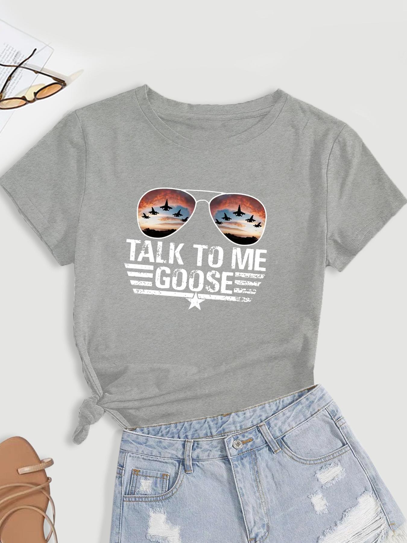 Women's Glasses & Letter Print Round Neck Tee, Short Sleeve Graphic T-shirt For Summer, Women's Top For Daily Wear