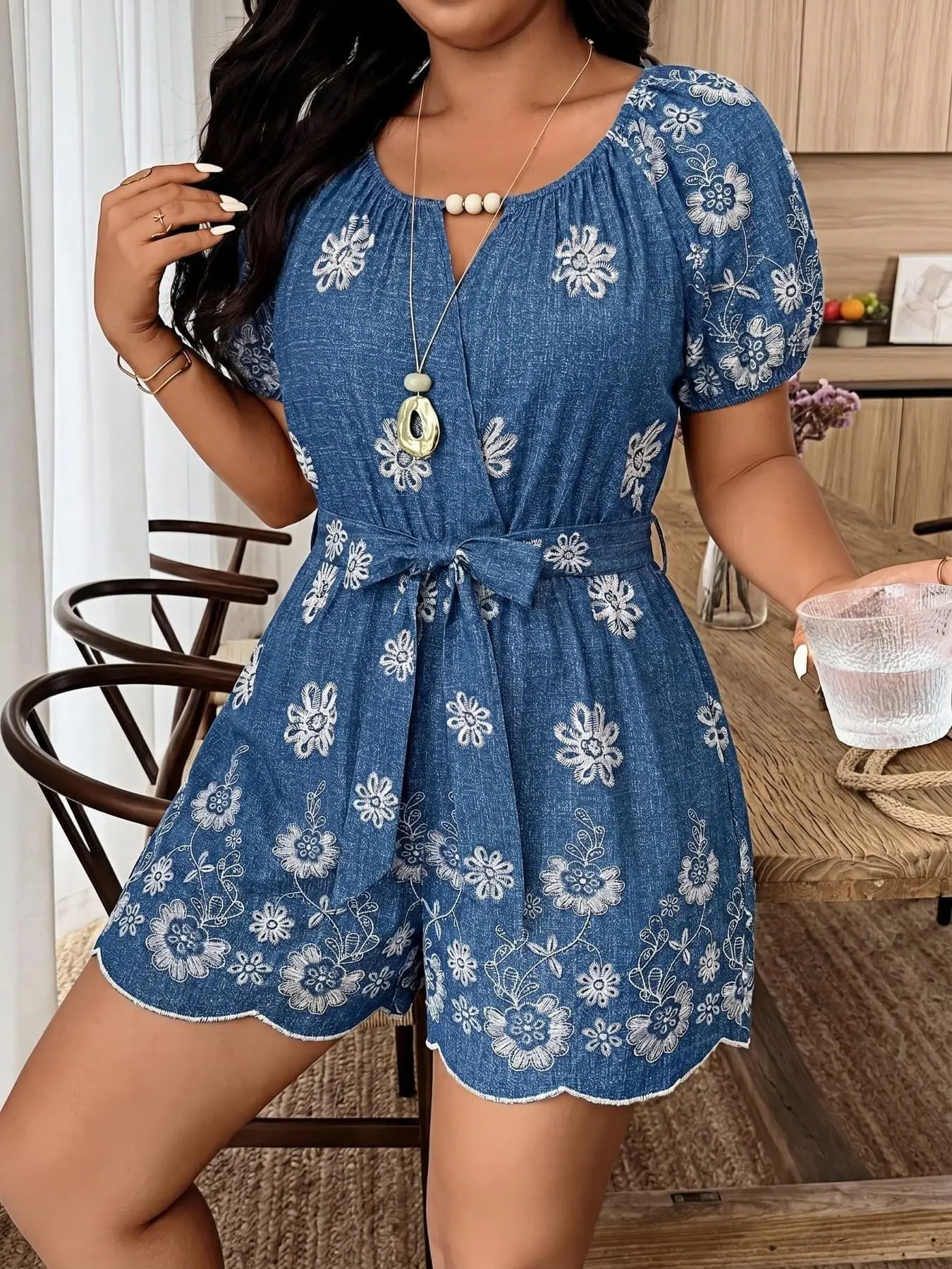 Plus Size Women's Round Neck Short Sleeve High Waist Loose Jumpsuit, Floral Printed Belt Elegant Tie, All-Season Casual Style, Comfortable Fit