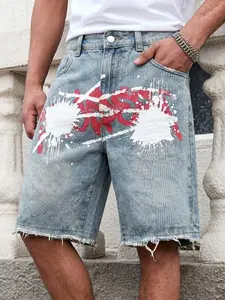 American Street Style Spray Paint Jeans Shorts for Men, Hip-Hop Graffiti Hem Denim Shorts, Casual Loose Fit Summer Pants