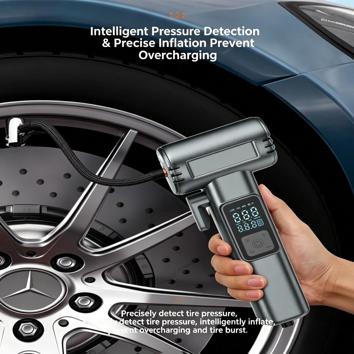 Portable Cordless Tire Inflator with Emergency Tools - 12V Wireless Car Air Pump, Digital Pressure Gauge, Power Bank, Safety Hammer & Seatbelt Cutter, Rechargeable Tire Pump for Cars, Bikes, SUVs Reusable
