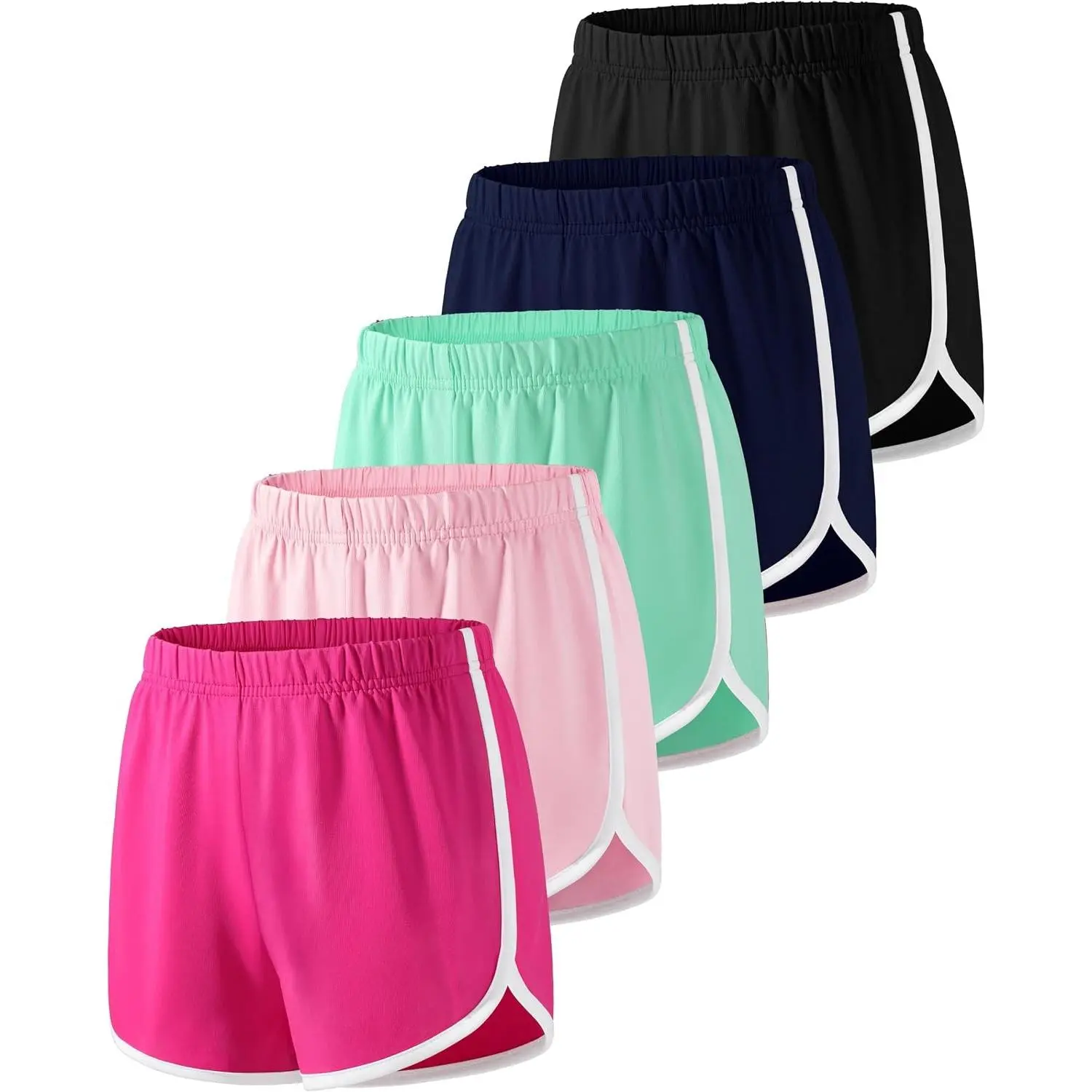 Girls' 5-Pack Quick-Dry Lightweight Athletic Shorts - Contrast Piping, Comfy Elastic Waist, Athletic Wear for 6-16Y Youth Basketball, Soccer