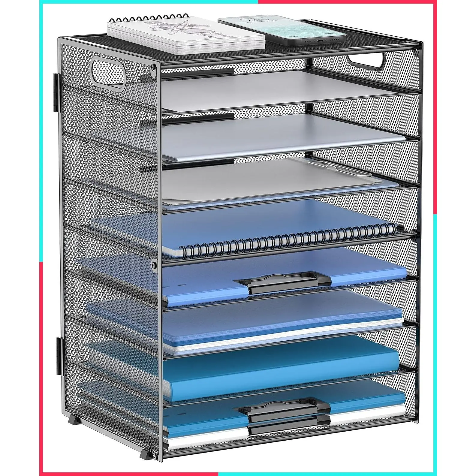 9-Tier Metal Mesh Paper Organizer with Handles for Desk, Black Letter Tray
