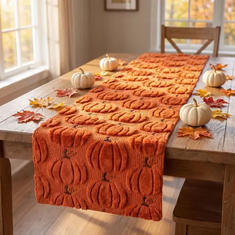 2 Colors, 4 Sizes Halloween Table Runner, Dresser Scarf, Cozy Farmhouse Aesthetic, Orange and Caramel, Tufted 3D Pumpkin Pattern, Dining Room Table Decor for Kitchen, Parties, and Gift Giving