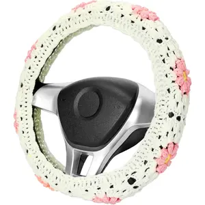 14-15'' Crochet Steering Wheel Cover Set,Vintage Handmade Daisy Granny Square Seat Belt Cover,Boho Car Interior Accessories Decoration for Women HZYZW (HZYZW43, A Wheel Cover)