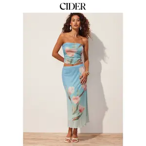 Cider Mesh Floral Graphic Ruched Bandeau Top & Mid Rise Maxi Skirt Set