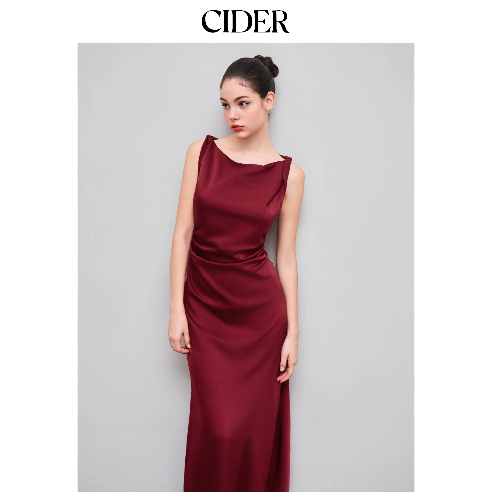 Cider Satin Boat Neck Ruched Maxi Dress