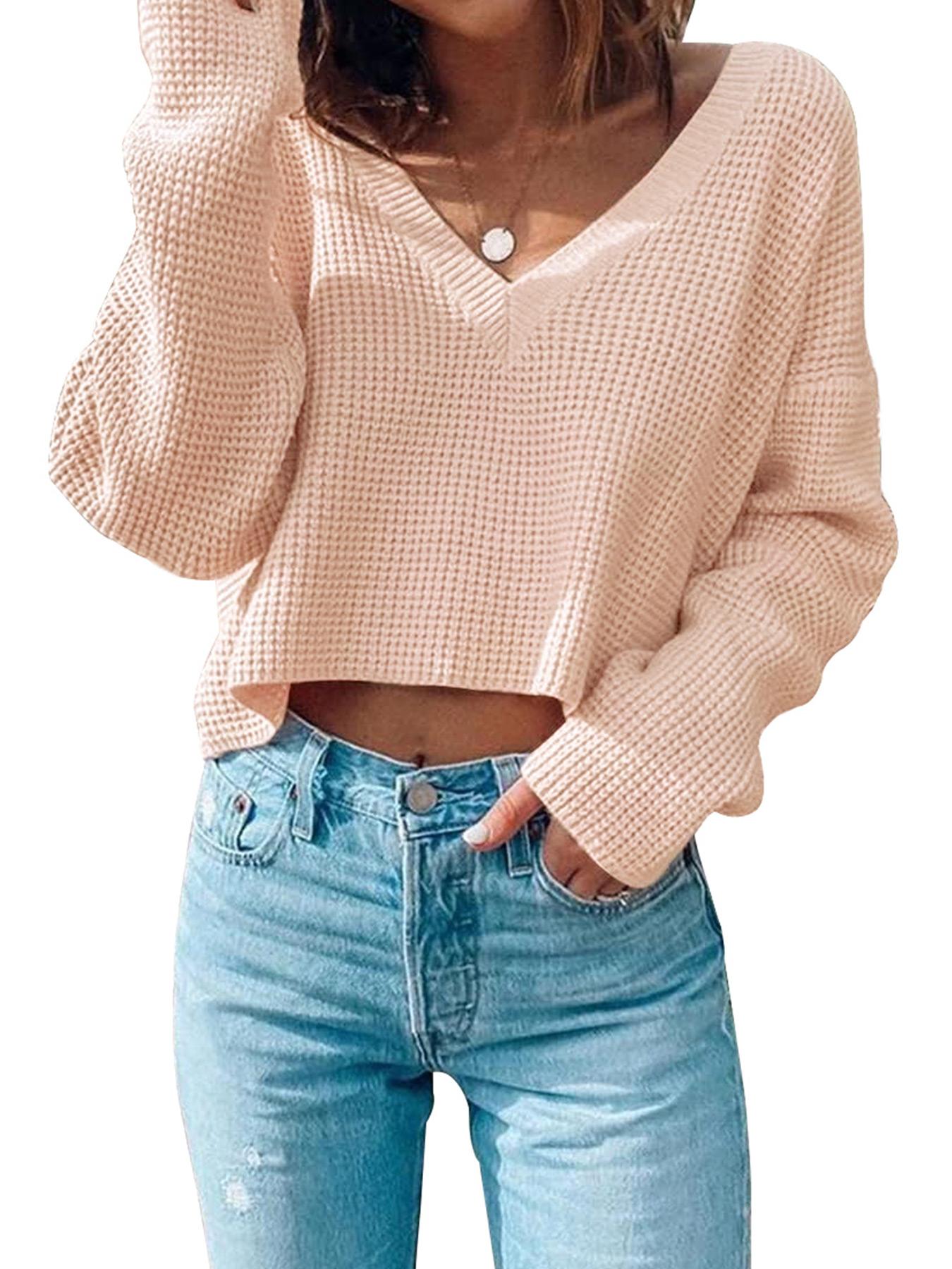 Women's Textured Drop Shoulder Crop Sweater, Basic Soft Casual Long Sleeve Deep V Neck Jumper for Fall & Winter, Women's Knitwear Top for Daily Wear