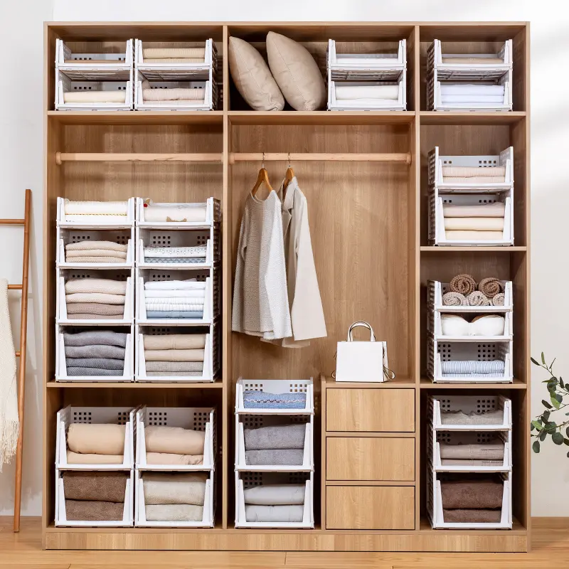 Plastic Stackable Pull-Out Closet Storage Boxes - Ventilated, Anti-Tipping Drawer Bins for Home Supplies Organization, All-Purpose Open Storage Bins for Clothes, Books, Wardrobe/Bedroom Use campingessentials