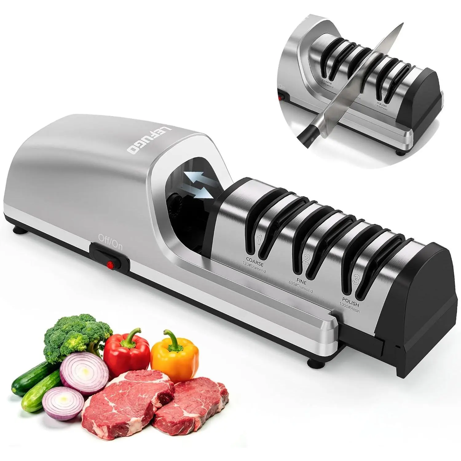 Electric Knife Sharpener for Kitchen Use - 3-Stage with Detachable Head, 100% Diamond Abrasive Wheels, 15-Degree Angle for Fast Sharpening, Polishing Kitchen & Ceramic Knives Blades