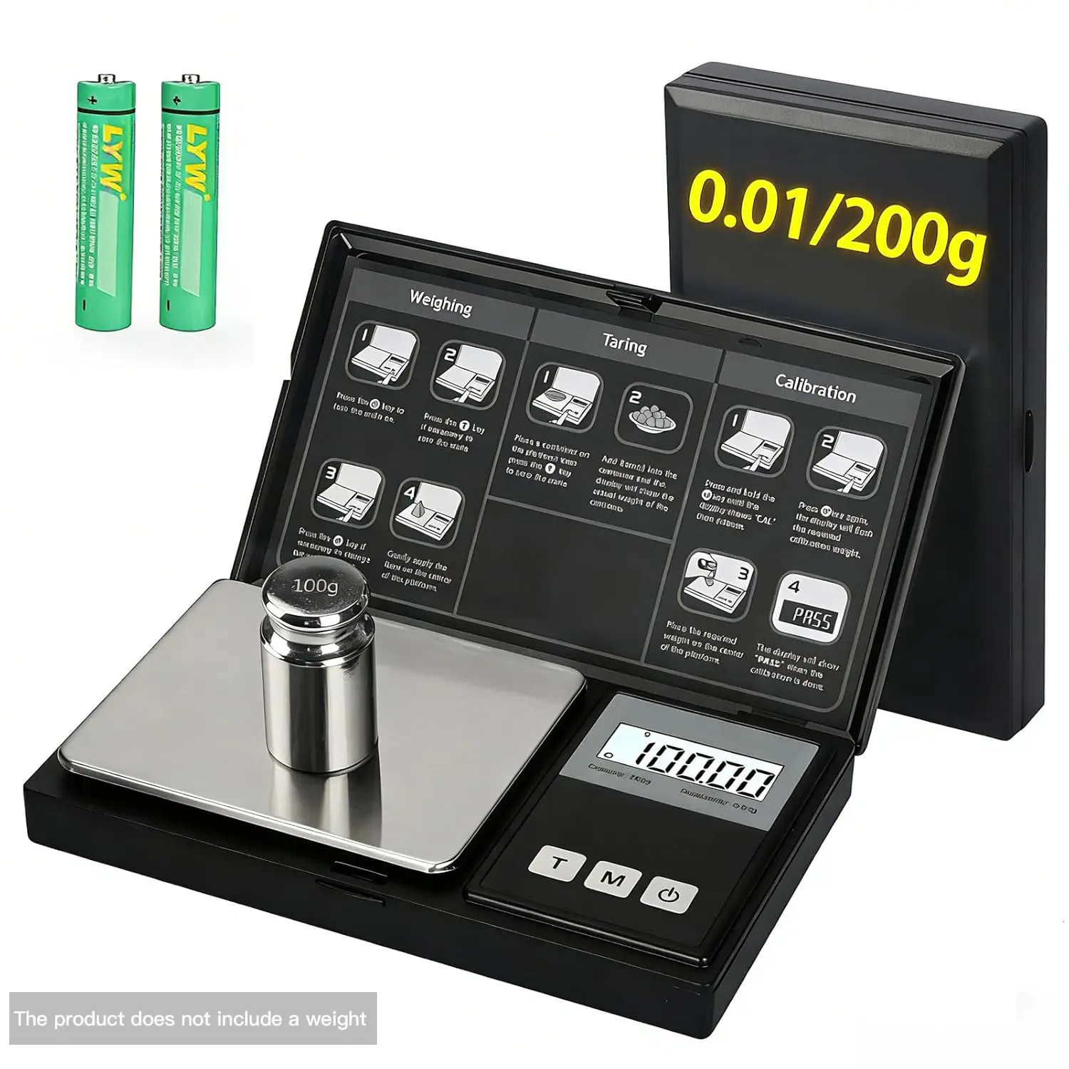 Portable High-Precision Smart Digital Weighing Scale - 200g/0.01g Mini Industrial Scale with Stainless Steel Platform, LCD Display, Tare Calibration, 100g Weight, 2 AAA Batteries for Coffee, Crafts