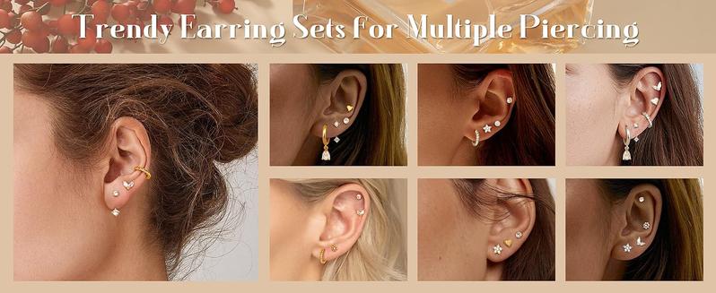 ZELORES  9 Pairs Flat Back Stud Earrings for Women Stainless Steel Helix Cartilage Stacks Hoop Stud Earring Sets for Multiple Piercing 18K Gold Plated Flat Back Earrings  Trendy Sterling Silver