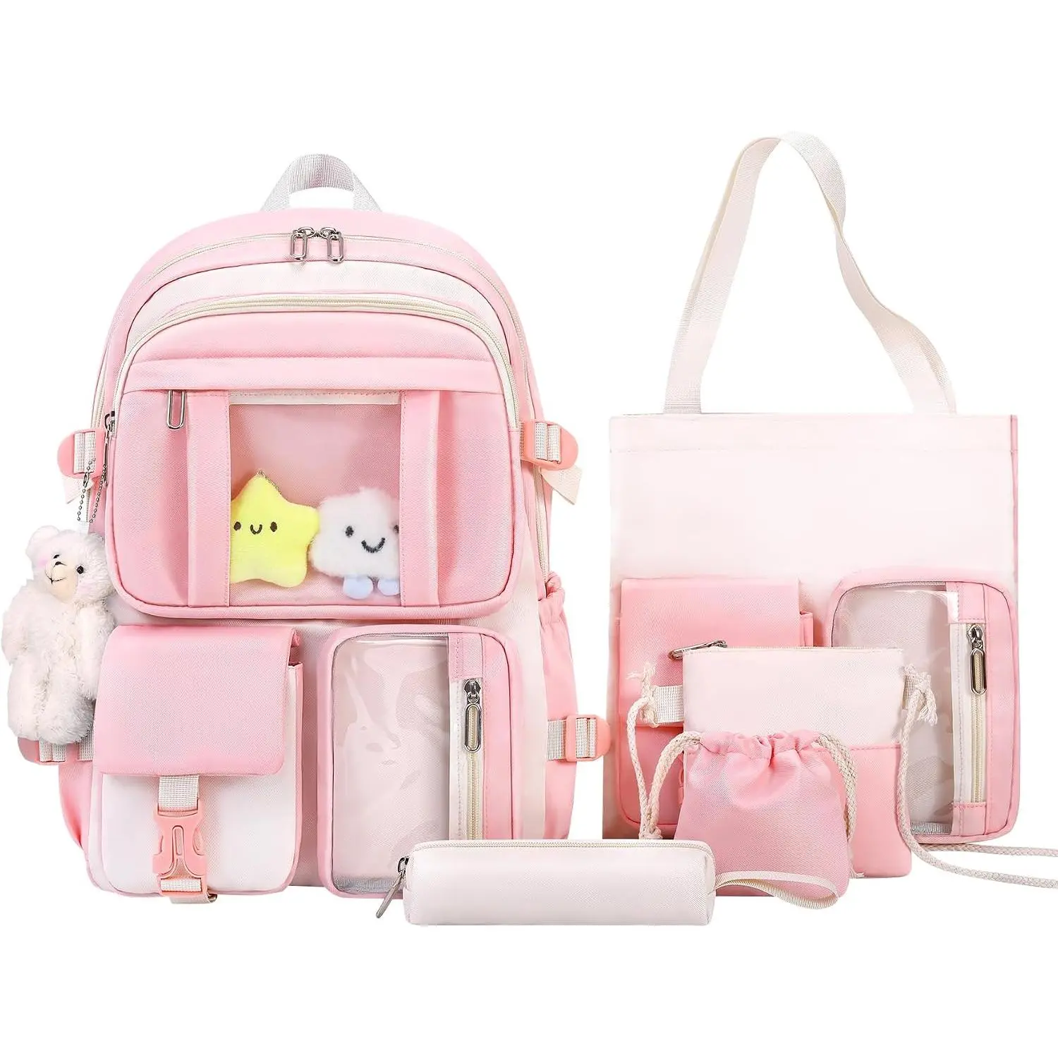 HORHREAR Kawaii Backpack 5 count Set for School, Cute Clear Backpack Preppy with Aesthetics Pendant for Girls Boys Primary Bag
