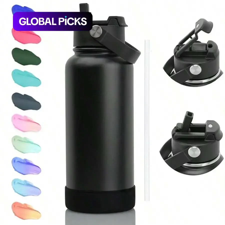 600ML Insulated Water Bottle with Straw Lid and Silicone Sleeve, BPA-Free Stainless Steel Double Wall Vacuum Flask, Stainless Steel Flasks, Leak-Proof Portable for Cold Hot Fitness Travel Camping, Reusable Thermos