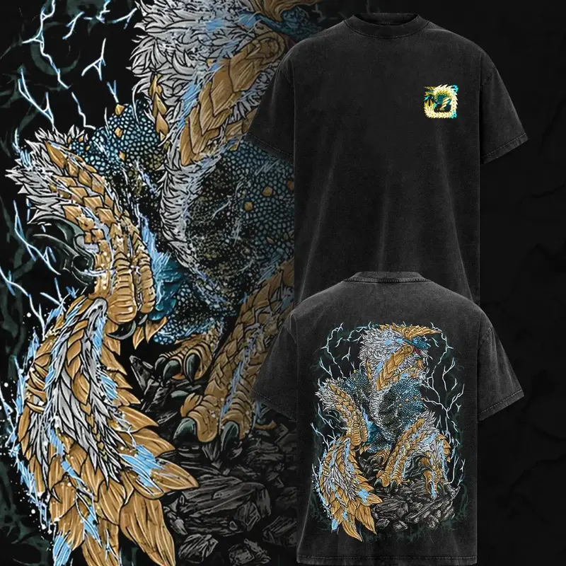 Monster Hunter Wilds Double Printed Oversize Lightweight Acid Washed Tee Game Graphic T-Shirt for Men Casual Day Wear Cotton Fabric - Jeans Vintage Gaming Retro Black Tee Oversized Heavyweight Cotton T-Shirts Love Menswear