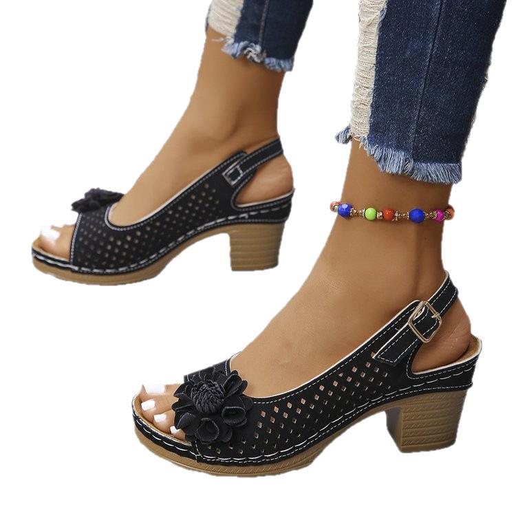Spring Summer High Heeled Sandals for Women One Strap Hollow Floral Sandals Peep Toe Chunky Heel Sandals