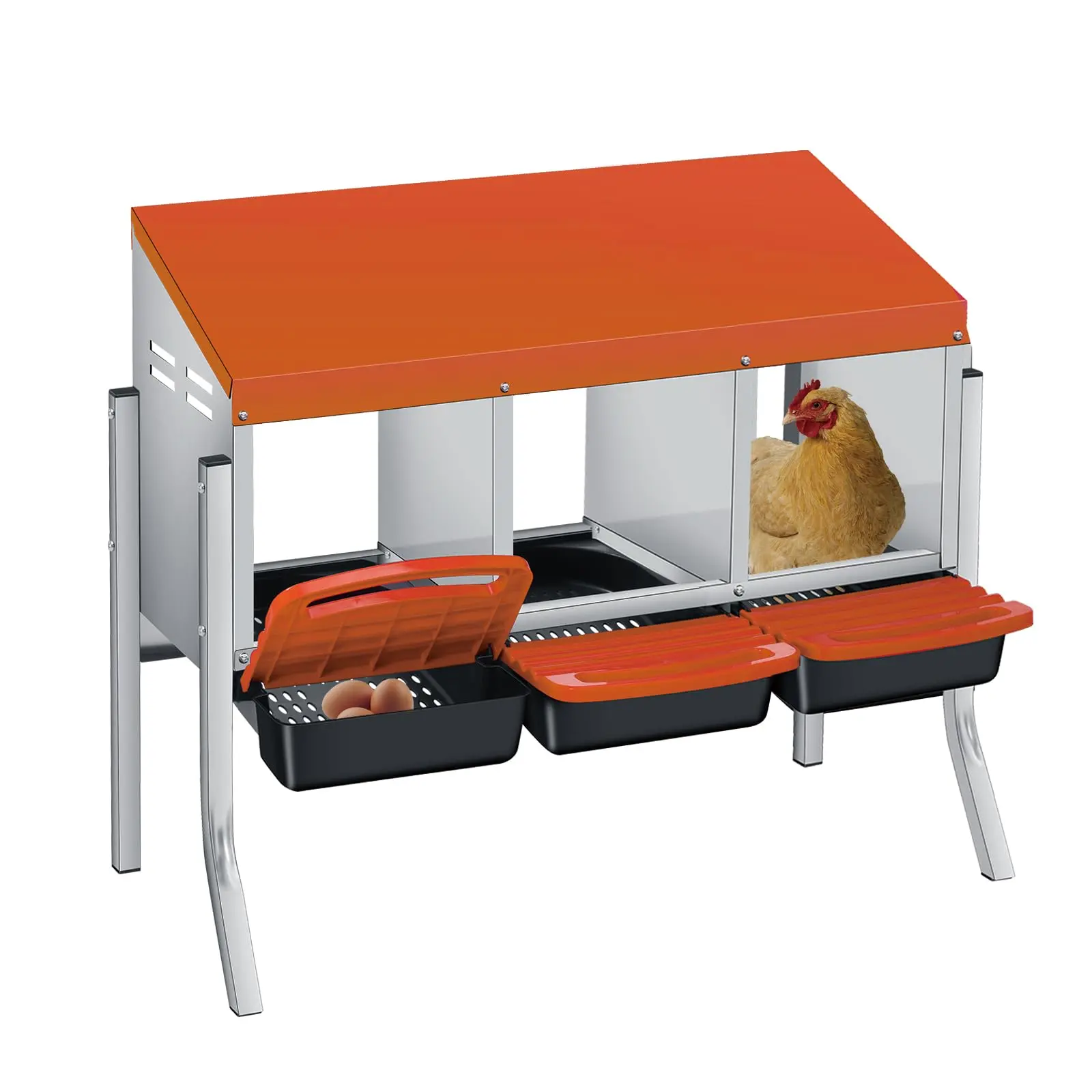 3-Hole Rollaway Chicken Nesting Box for Hens, Sturdy Chicken Laying Box with Removable Trays, Easy Egg Collection & Cleaning, Wall Mount or Freestanding