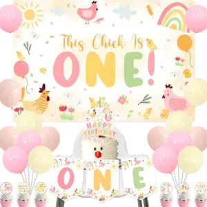 1Set Chicken Themed 1anniversary Birthday Party Decoration This Chick Is One Backdrop One Highchair Banner Cake Cupcake Topper Pink Orange Yellow Balloons for Boy Girl Baby Shower 1anniversary Birthday Party Decor Supplies