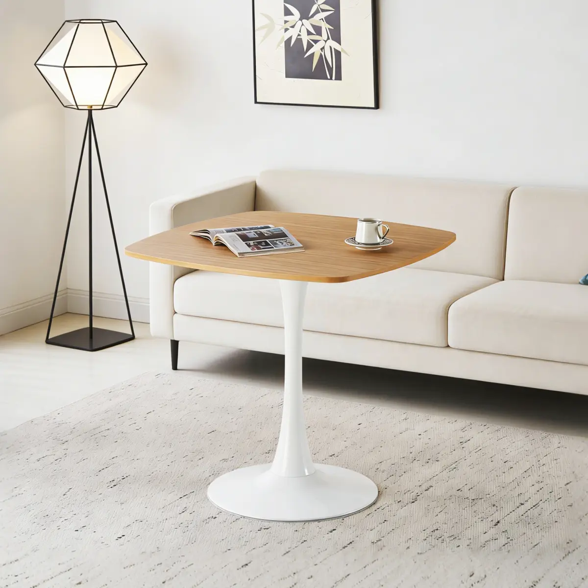 31.5 Inch Oak Square Dining Table for 2-4 Person, Mid-Century Modern Tulip Table with Sturdy Metal Pedestal Base, 0.71" Thickened MDF Tabletop for Small Space, Apartment, Kitchen, Bistro & Office, Multi-Purpose Accent Table, Sturdy Single Base Side Coffee