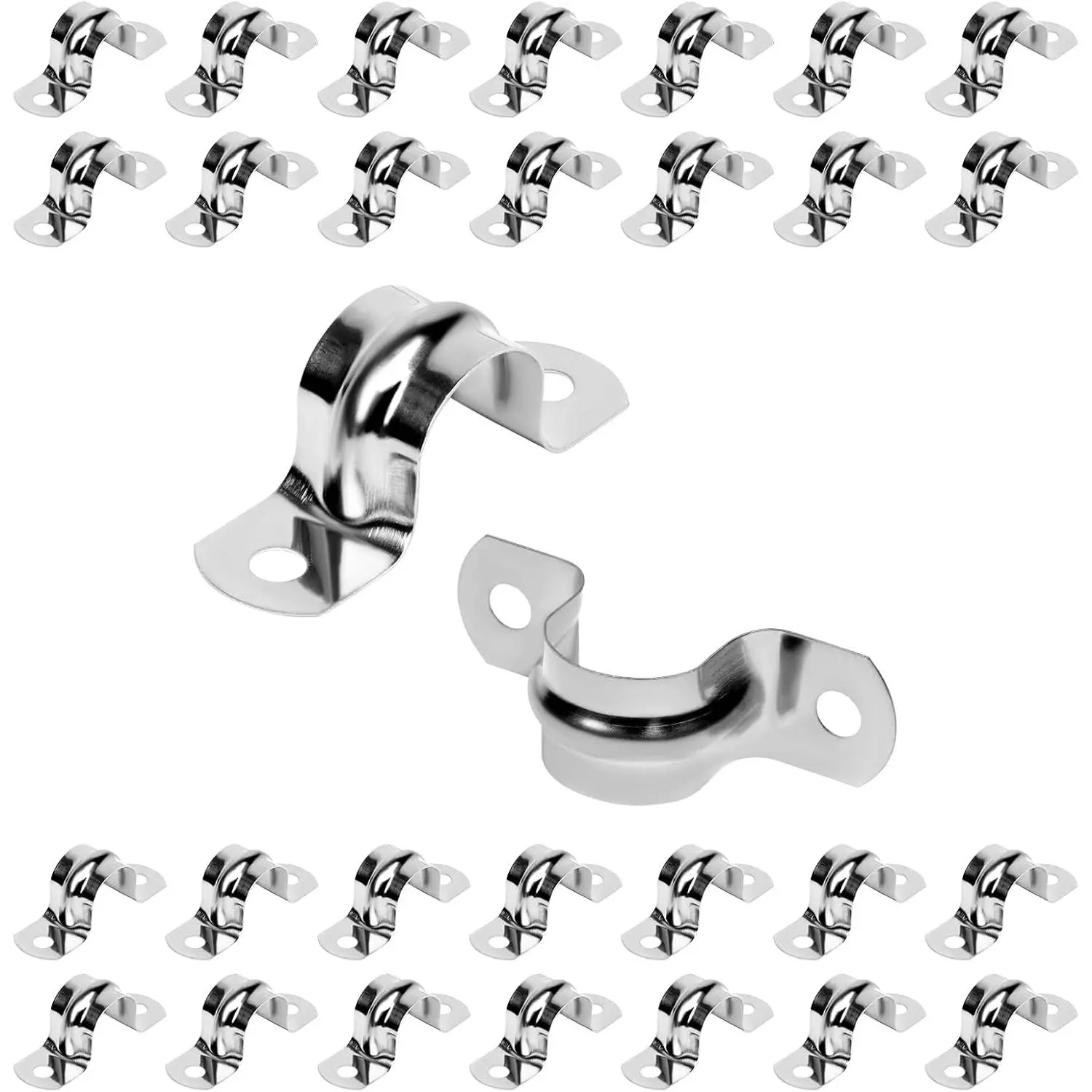 30-Count 1/2" Diameter Stainless Steel Conduit Clamps - Double-Hole Thickened Body U-Bracket Rigid Pipe Strap, U-Shaped Clip for Securing Pipes on Various Surfaces and Various Materials