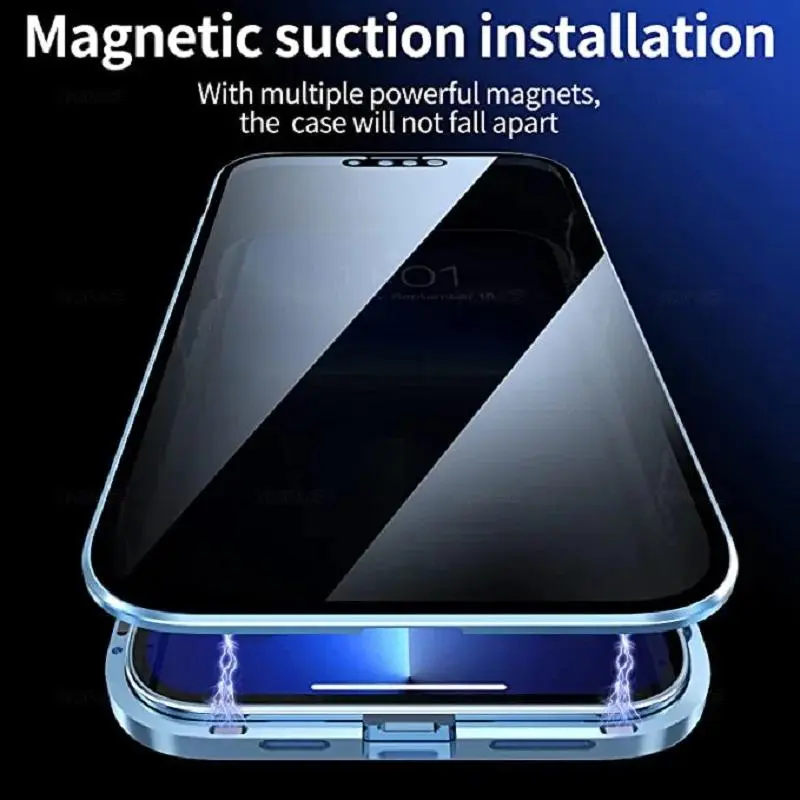 Anti-Peeping Privacy Double Sided Tempered Glass Magnetic Metal Case for iPhone 11 12 13 14 15 16 17 Pro Max Plus Magnet Cover