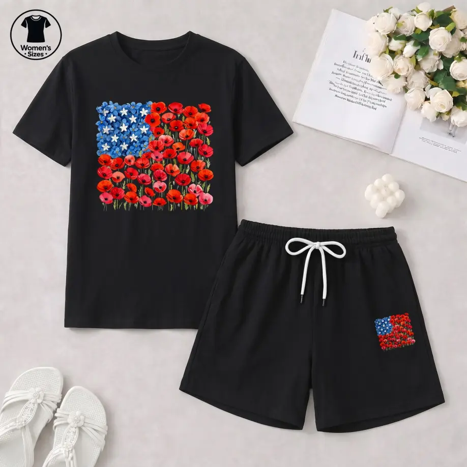 Women's Floral USA Flag 250th Anniversary Graphic Short Sleeve T-Shirt And Shorts Set, Casual Summer Two-Piece Outfit With Crew Neck Top And Drawstring Waist Shorts For Daily Wear