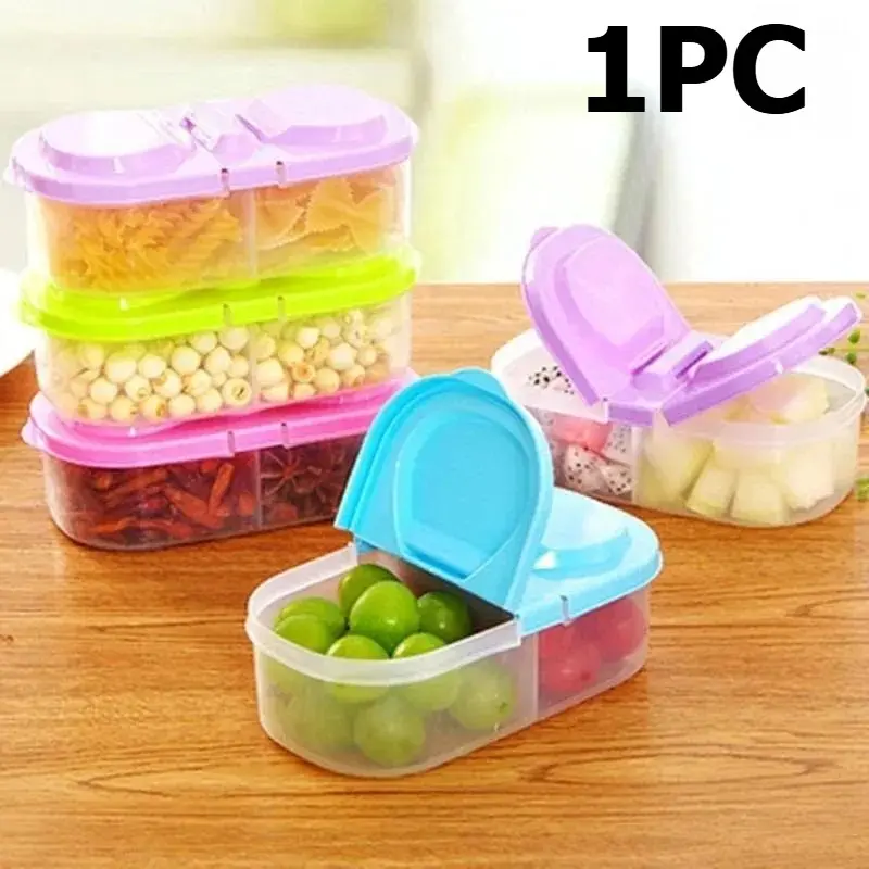 1pc Double compartment covered kitchen food miscellaneous grain sealed jar multifunctional kitchen refrigerator plastic storage and storage box Food Storage Boxes