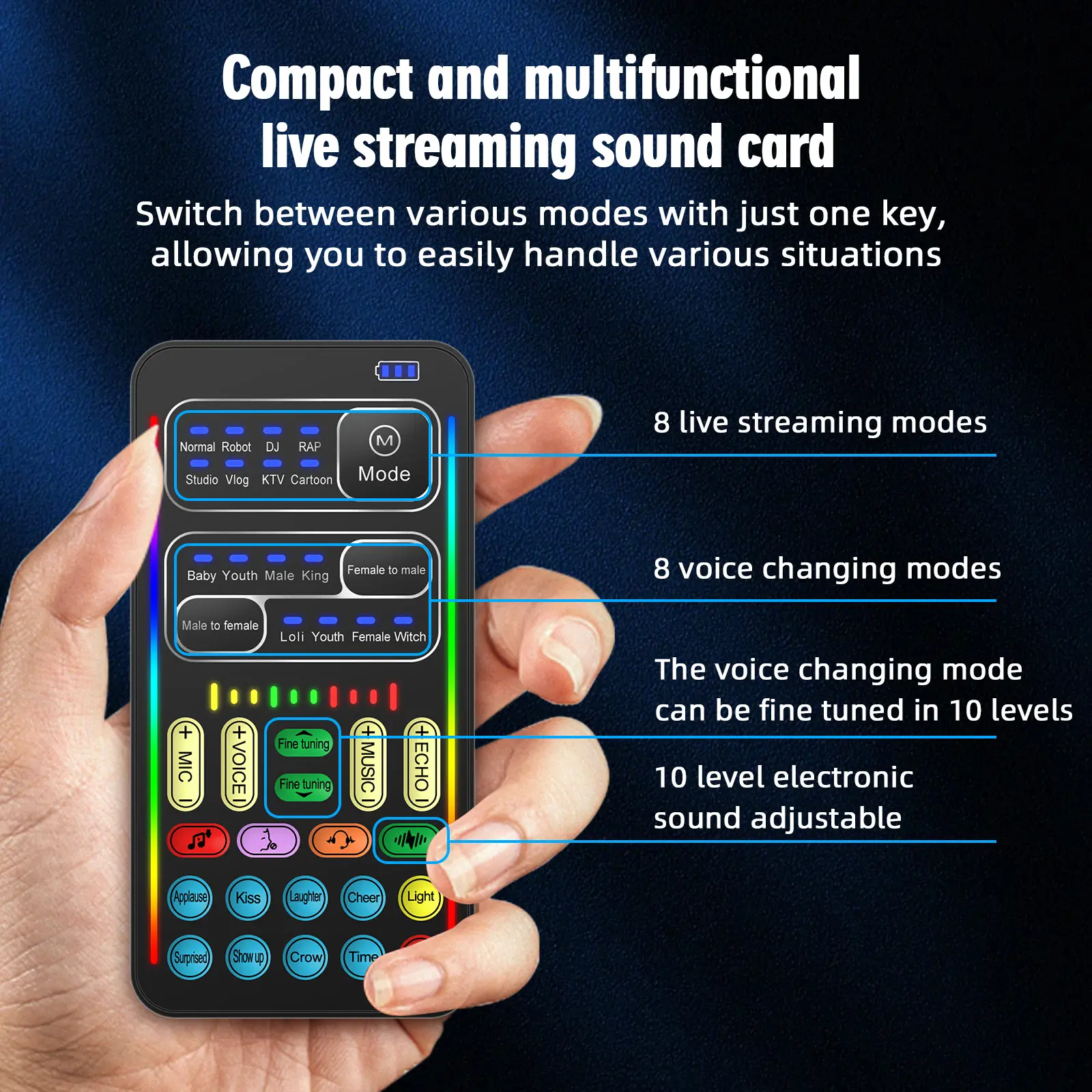 Compact ABS Plastic Mini Voice Changer Live Sound Card Kit with Headphones, Microphone, 8 Sound Effects, High Rate Li-Ion for Live Streamers, Android/PC/Tablet, Phone