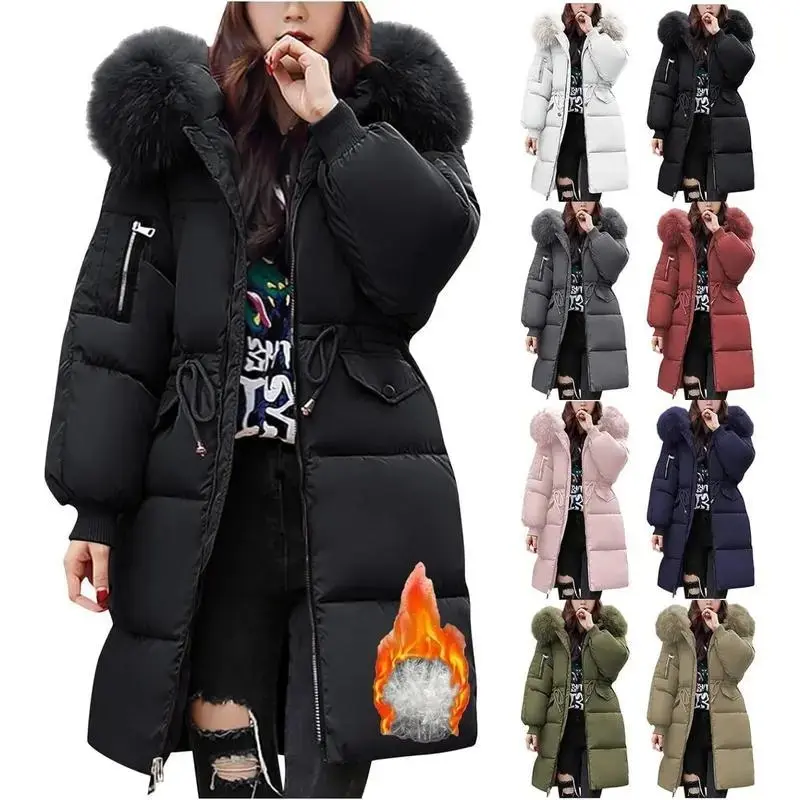 Winter Jackets for Women UK Quilted Down Long-Lenght Puffer Coats Ladies Lightweight Waterproof Jacket with Fur Hood Plus Size Slim Trench Coat Warm Outwear