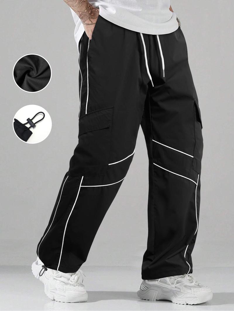 Men's Striped Print Drawstring Waist Pants Breathable Straight Leg Trousers for Outdoor Activities, Athleisure Style Bottoms, Men's Bottoms for All Seasons