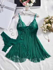 Women's Emerald Floral Lace Sheer Mesh Strapless Doll Lingerie Set, Side Ruffle Split Soft Sheer Nightgown, Sexy Elegant Robe