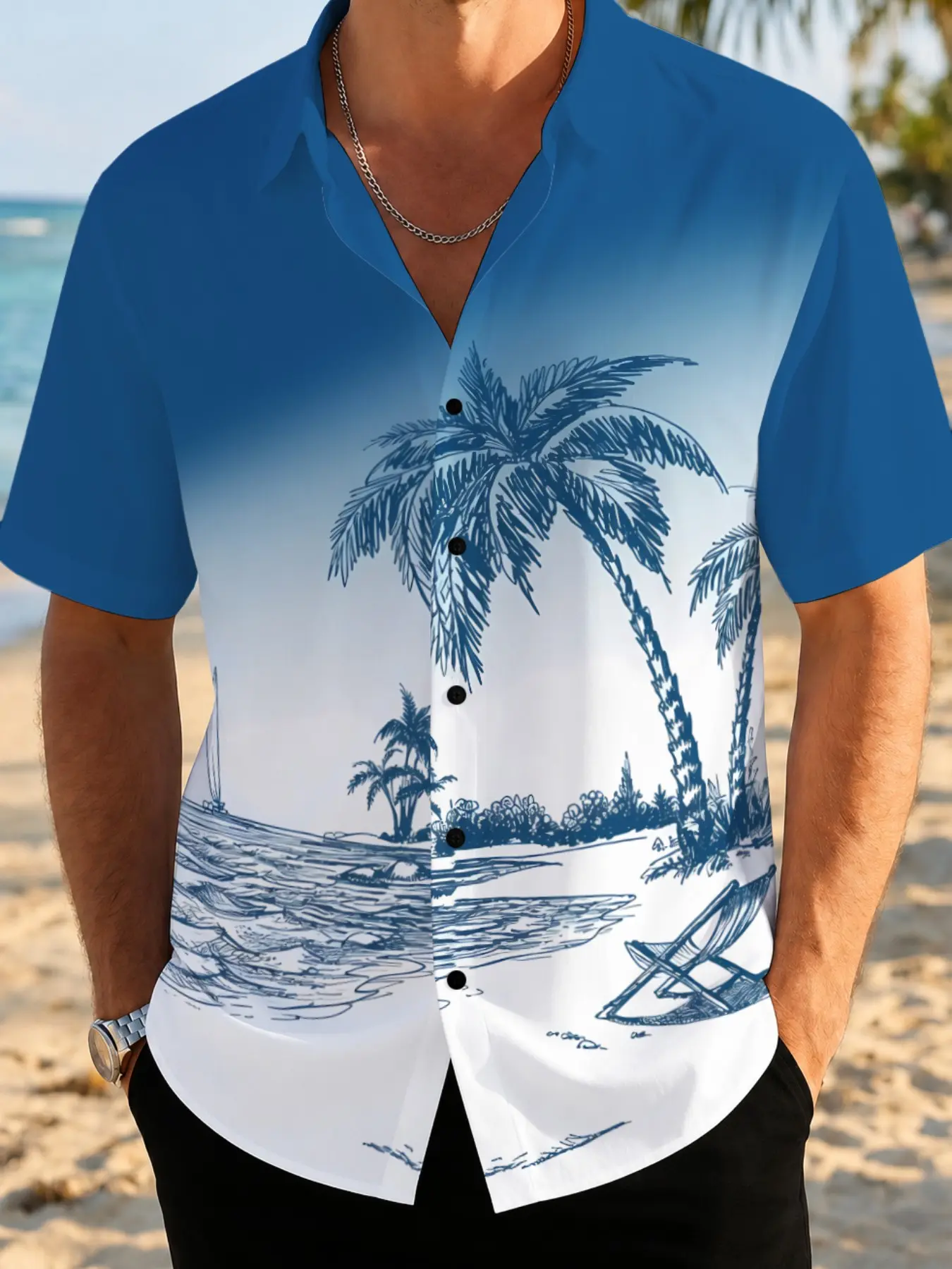 Men's Casual Printed Shirt, Summer New Arrival, Street Fashion, Comfortable Fit, Ideal for Daily Wear, Beach Coconut Tree Design